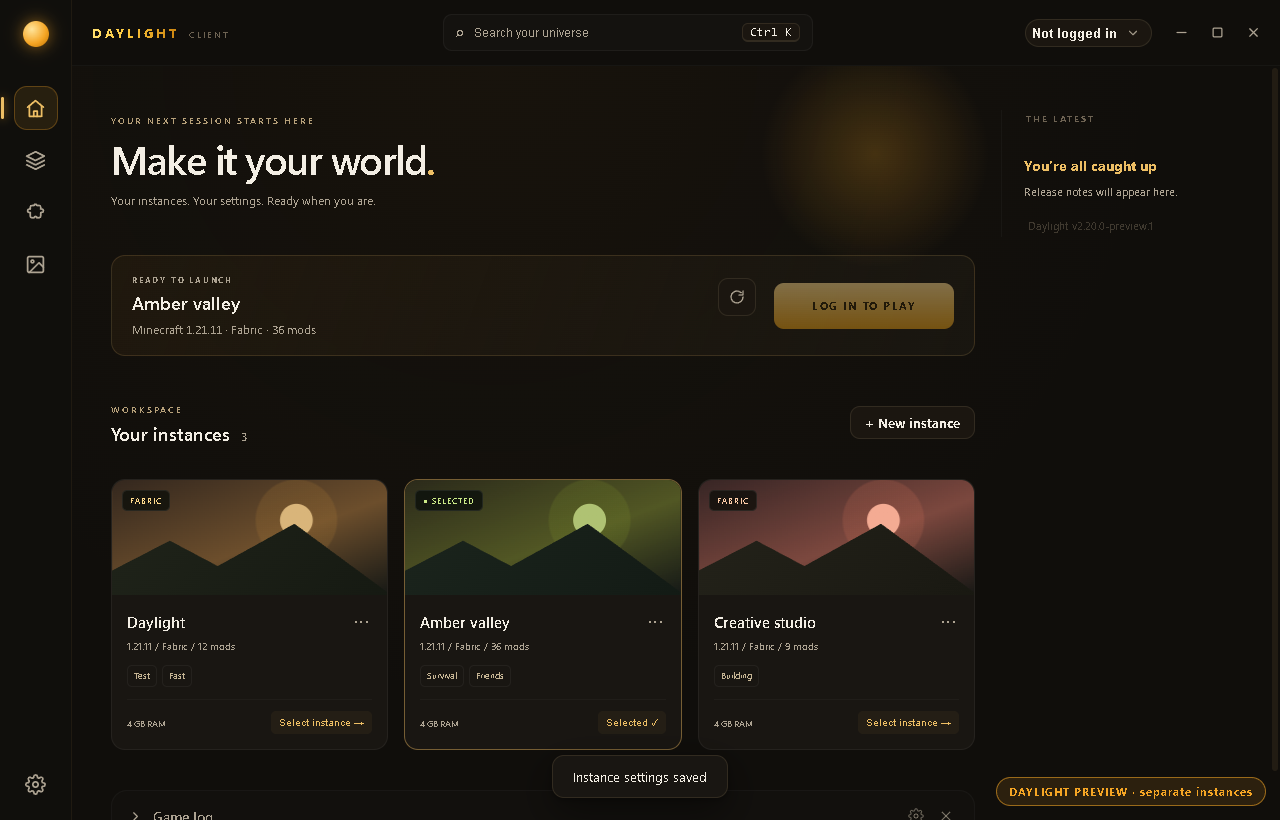 Daylight dashboard with three instance cards and per-instance settings